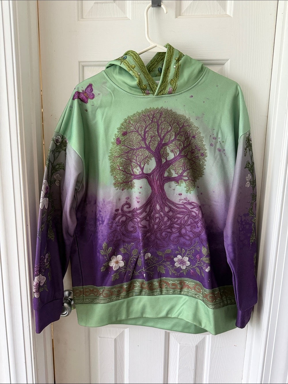 Green and Purple Tree-Print Hooded Women's Sweater